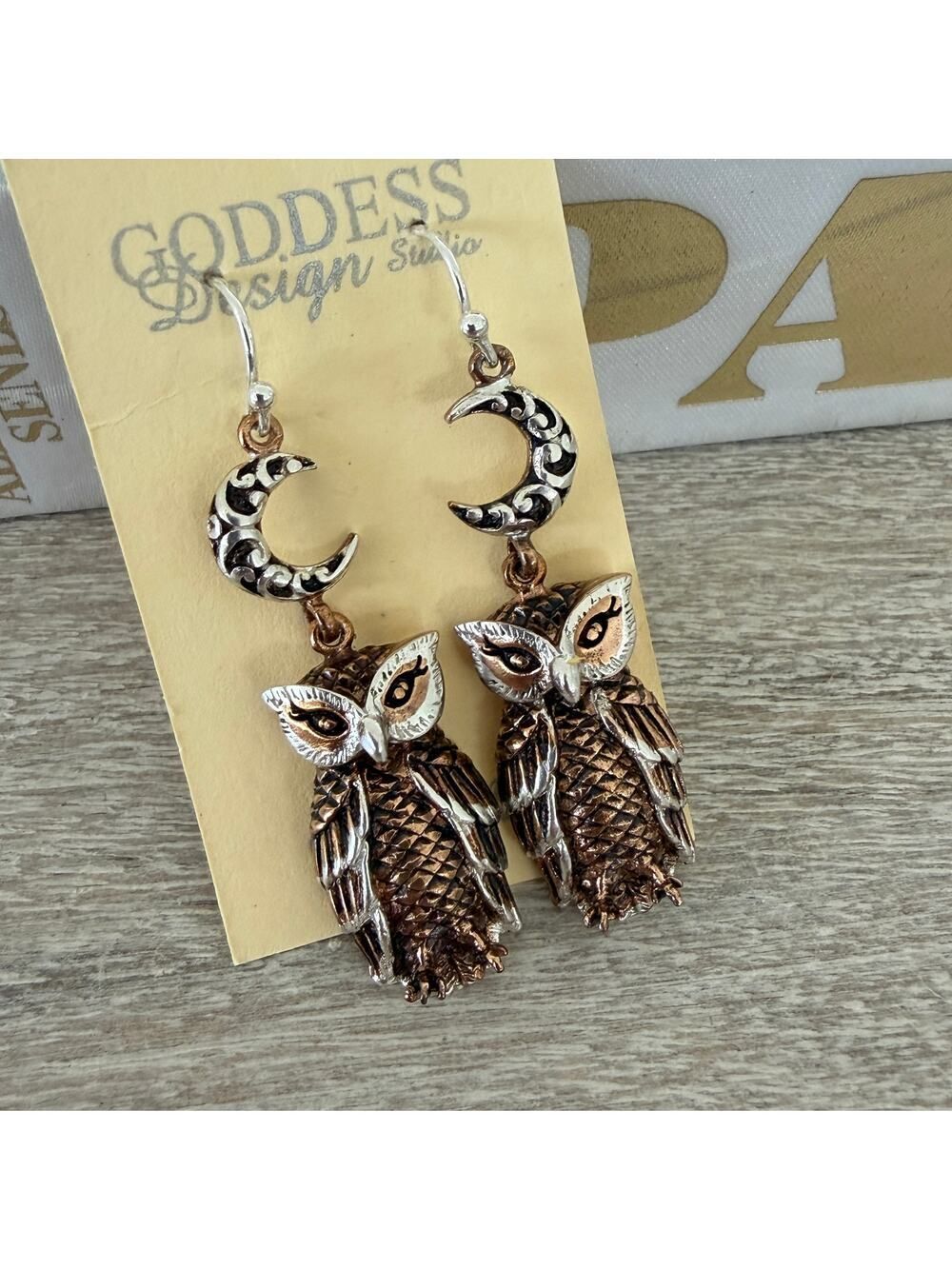 Bronze Owl Moon Earrings with Sterling Silver Ear Wires
